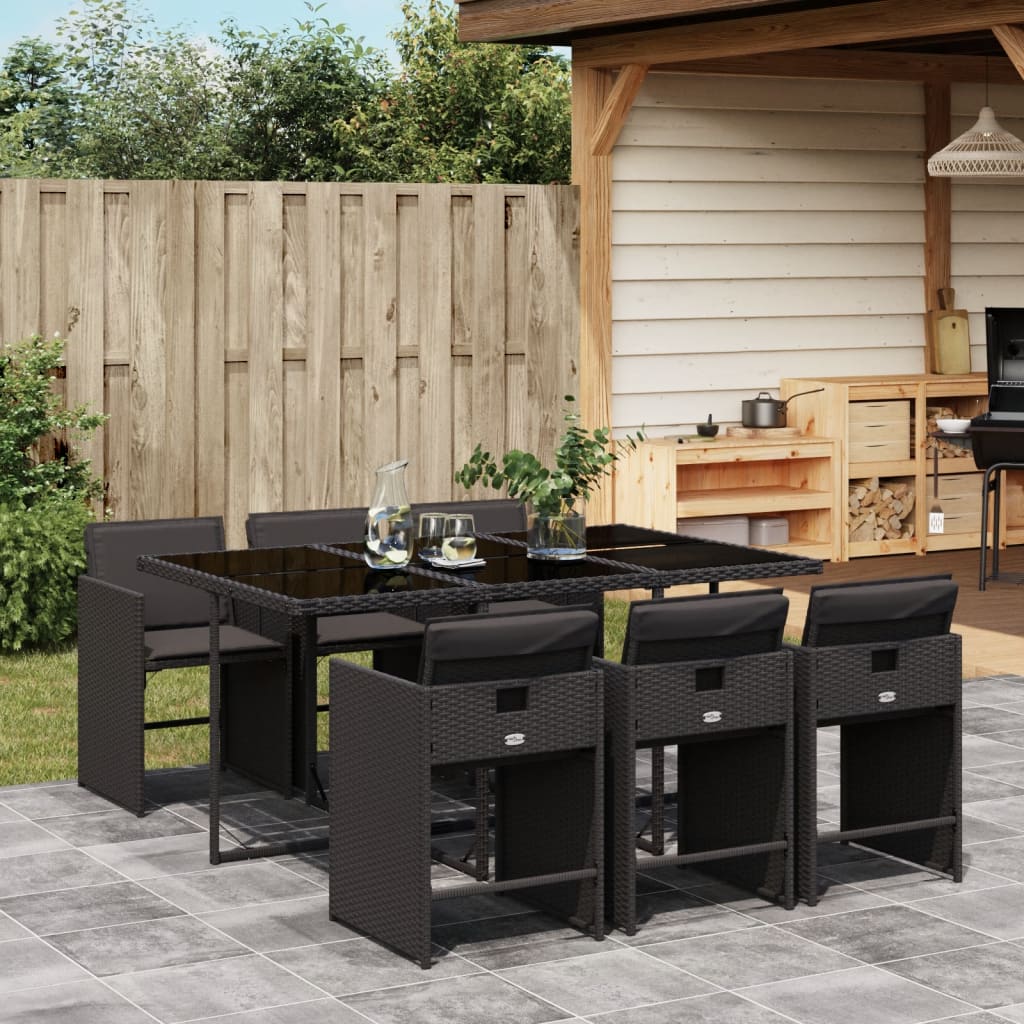 Set da Pranzo da Giardino 7 pz Nero con Cuscini in Polyrattan - homemem39