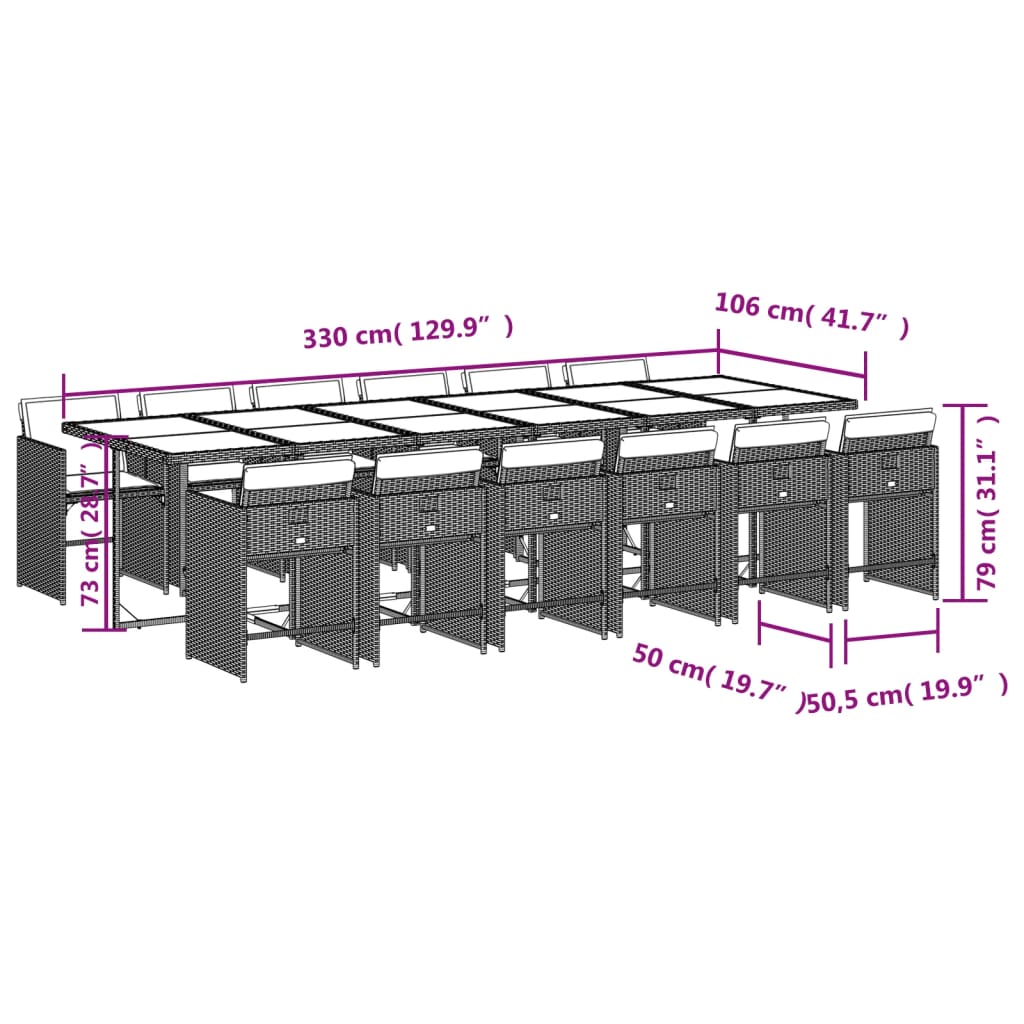 Set da Pranzo da Giardino 13pz con Cuscini Grigio in Polyrattan | homemem39