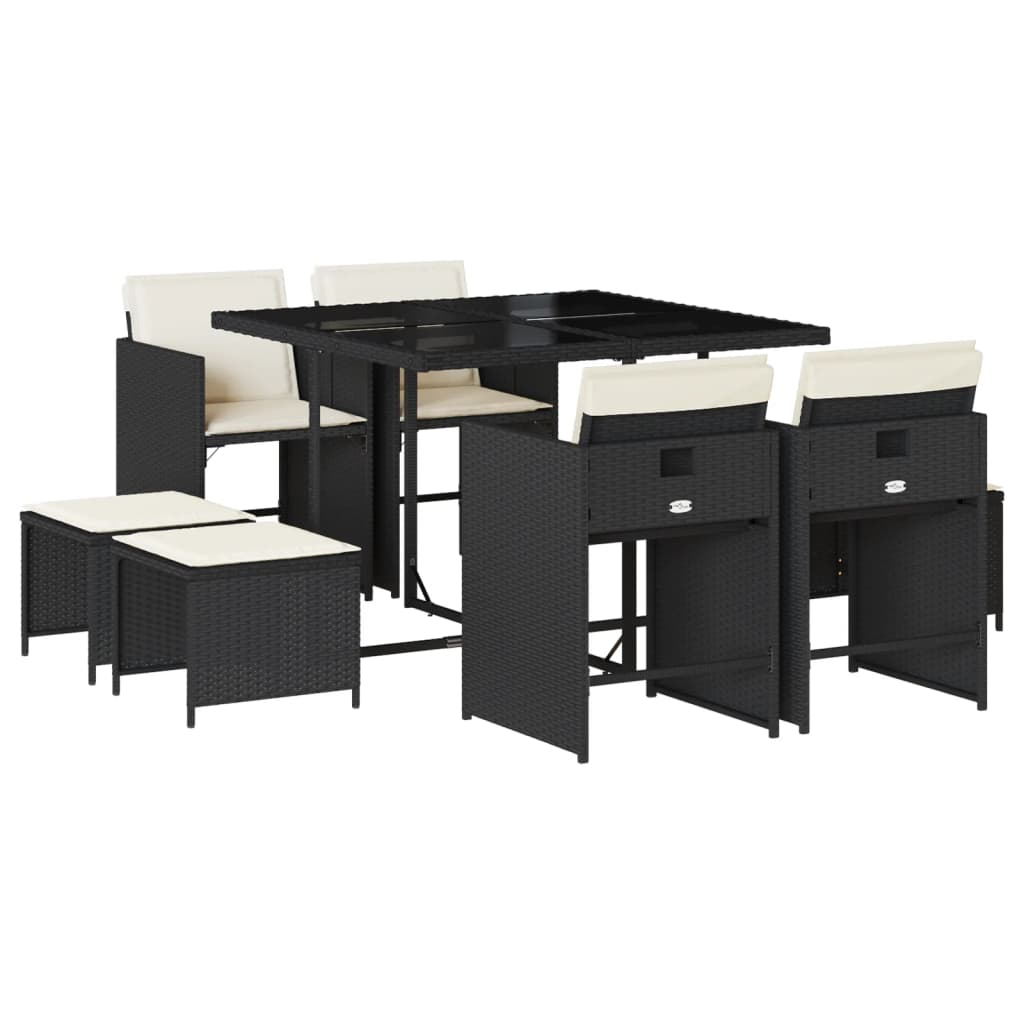Set da Pranzo da Giardino 9 pz con Cuscini Nero in Polyrattan | homemem39
