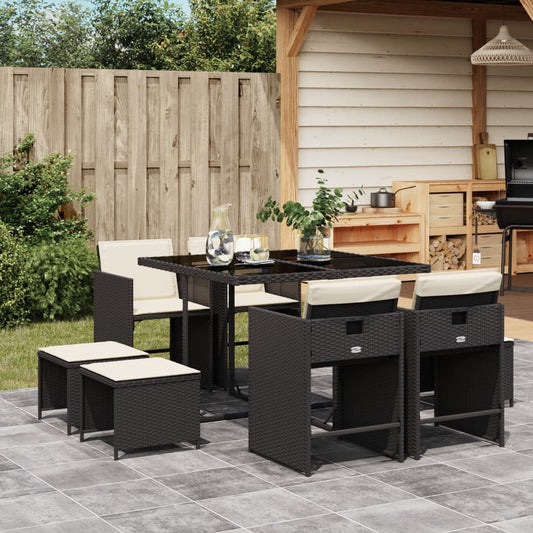 Set da Pranzo da Giardino 9 pz con Cuscini Nero in Polyrattan - homemem39