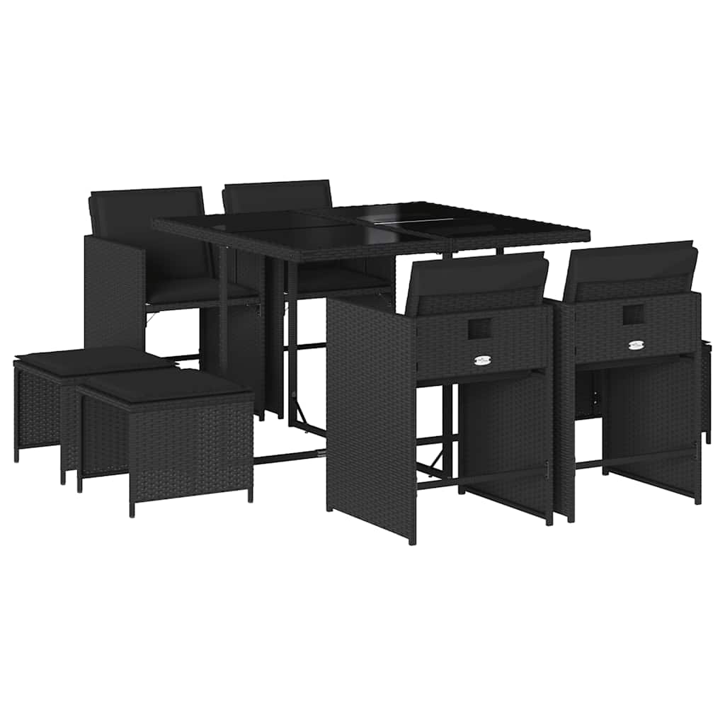 Set da Pranzo da Giardino 9 pz con Cuscini Nero in Polyrattan | homemem39