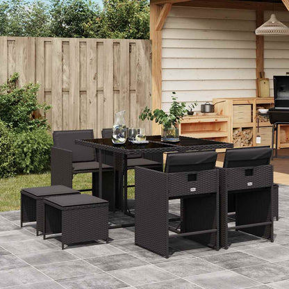 Set da Pranzo da Giardino 9 pz con Cuscini Nero in Polyrattan | homemem39