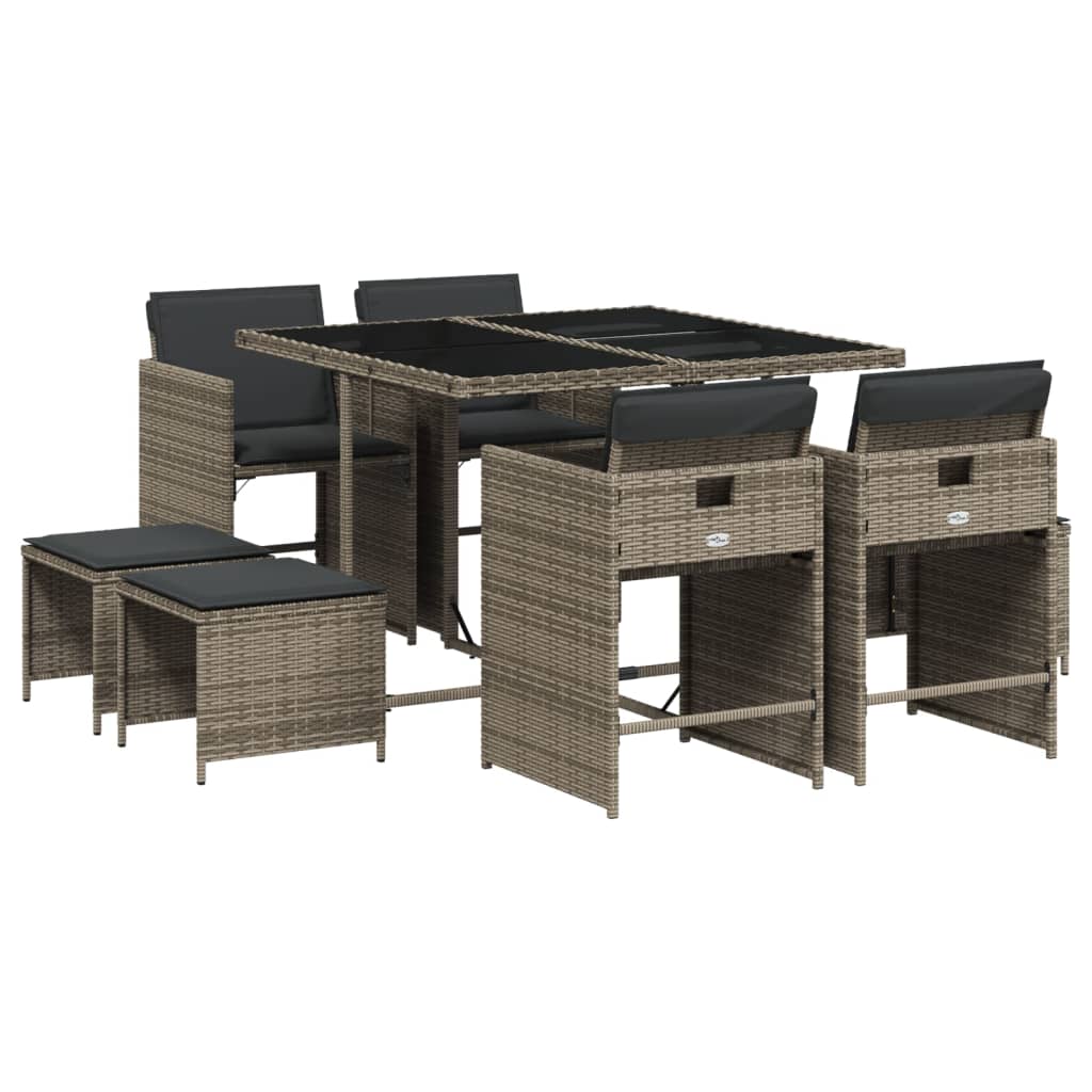 Set da Pranzo da Giardino 9 pz con Cuscini in Polyrattan Grigio - homemem39