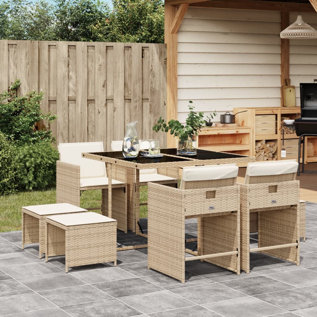 Set da Pranzo da Giardino 9 pz con Cuscini Beige in Polyrattan | homemem39