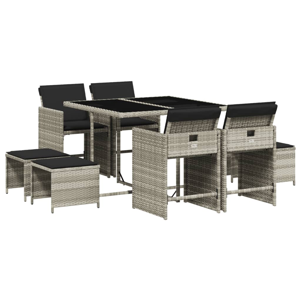Set Pranzo da Giardino 9pz con Cuscini Grigio Chiaro Polyrattan | homemem39