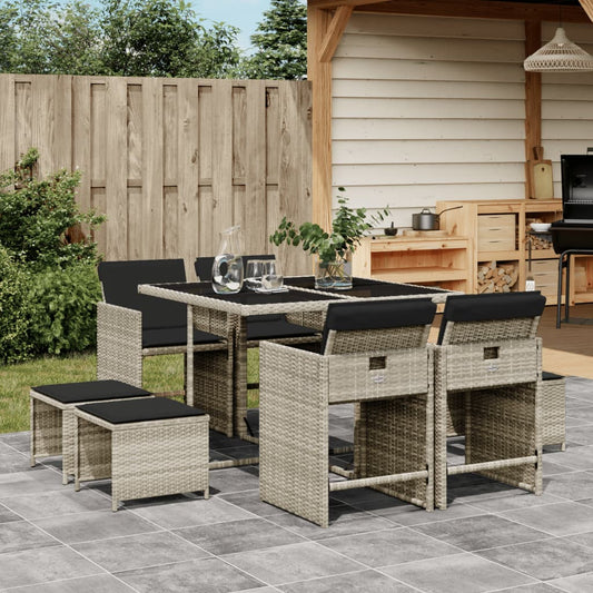 Set Pranzo da Giardino 9pz con Cuscini Grigio Chiaro Polyrattan - homemem39