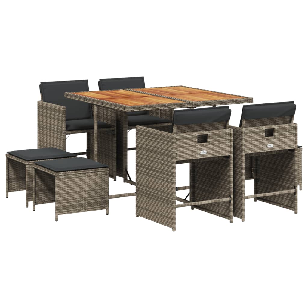 Set da Pranzo da Giardino 9 pz con Cuscini in Polyrattan Grigio - homemem39