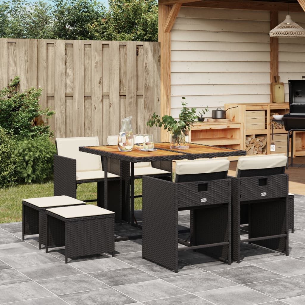 Set da Pranzo da Giardino 9 pz con Cuscini Nero in Polyrattan | homemem39
