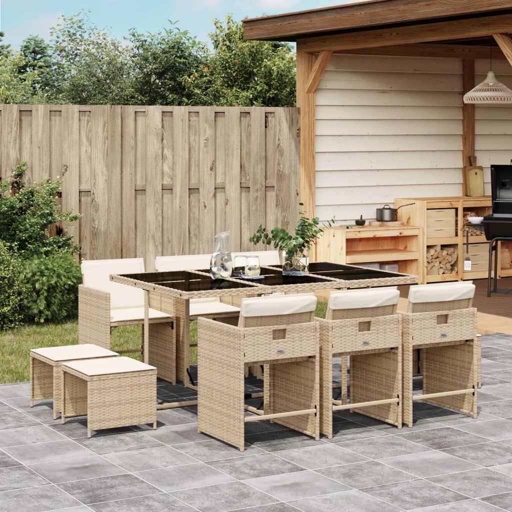 Set da Pranzo da Giardino 11 pz con Cuscini Beige in Polyrattan - homemem39