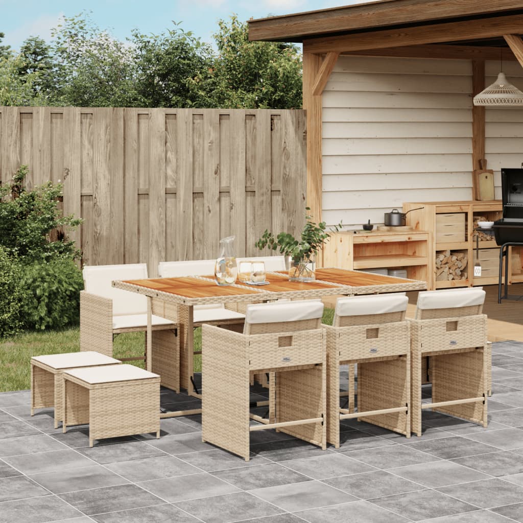 Set da Pranzo da Giardino 11 pz con Cuscini Beige in Polyrattan | homemem39