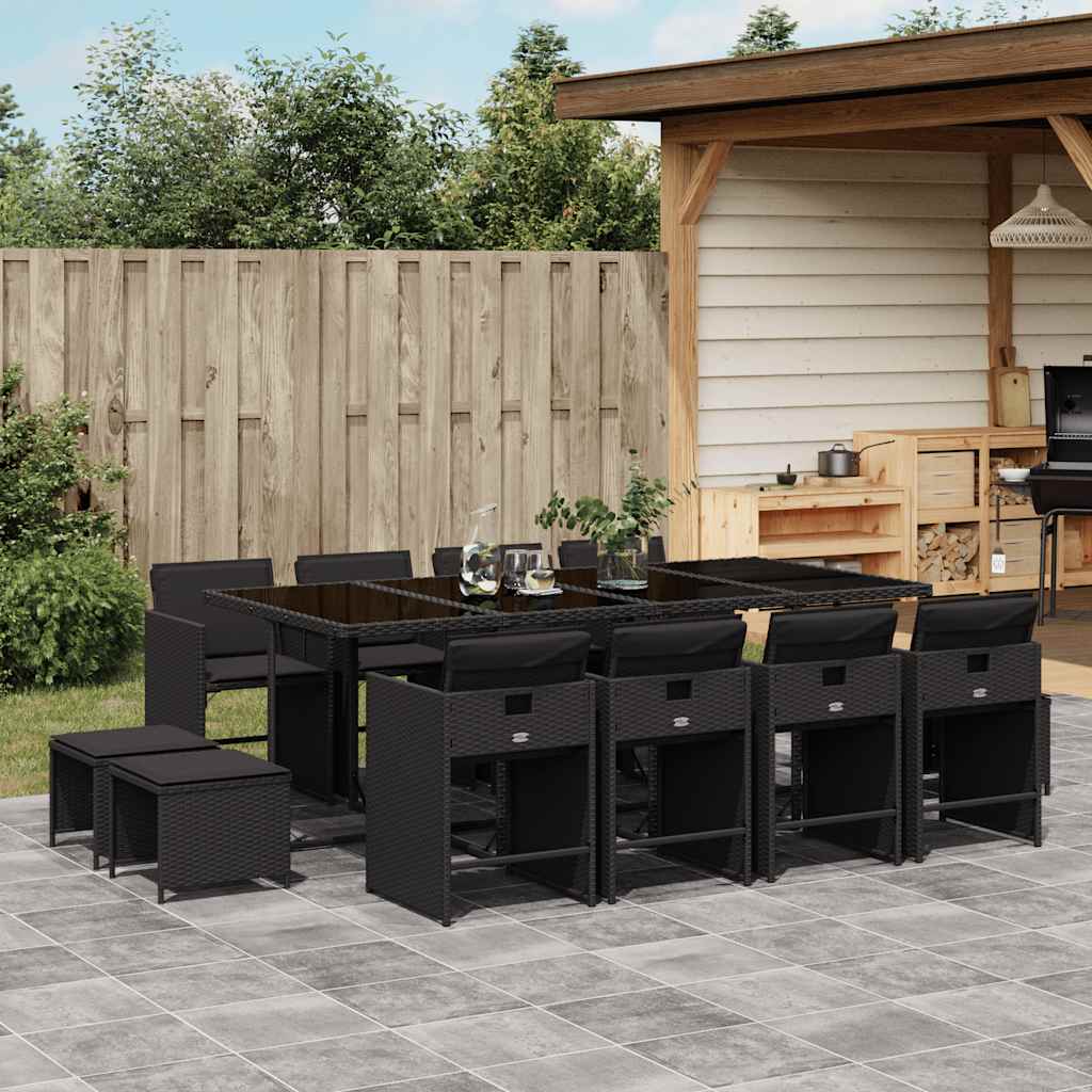 Set da Pranzo da Giardino 13pz con Cuscini Nero in Polyrattan | homemem39