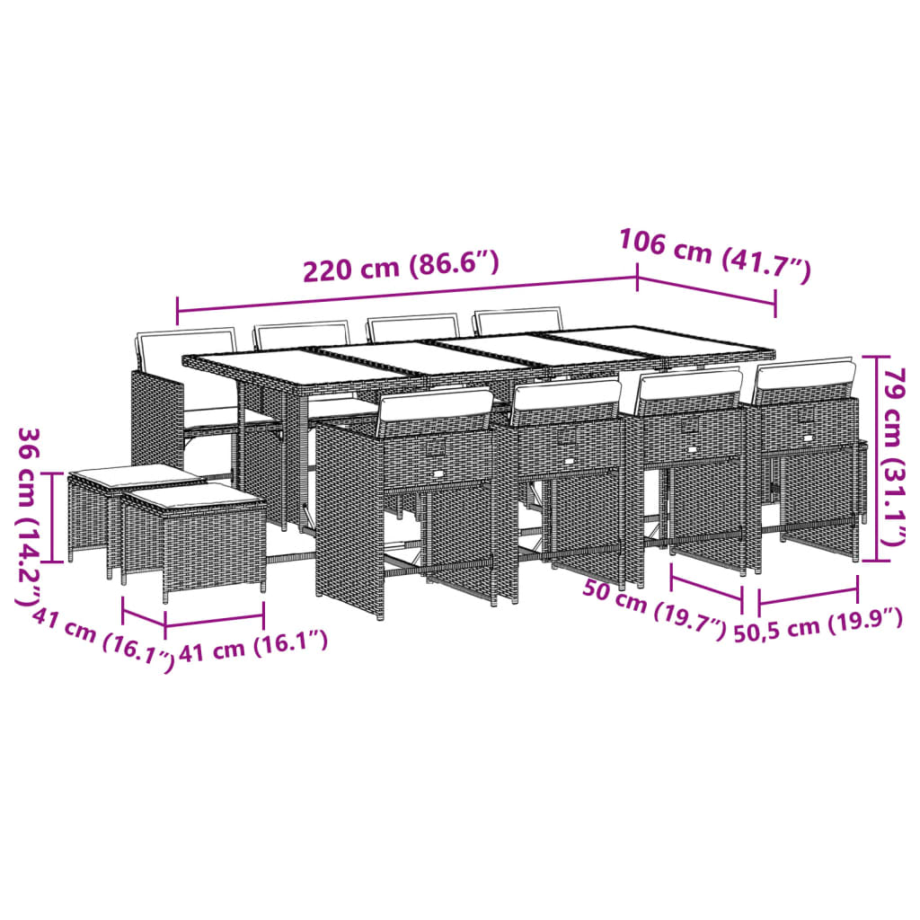 Set da Pranzo da Giardino 13pz con Cuscini Grigio in Polyrattan | homemem39