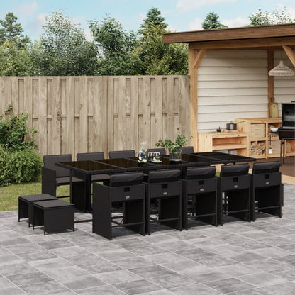 Set da Pranzo da Giardino 15 pz con Cuscini Nero in Polyrattan