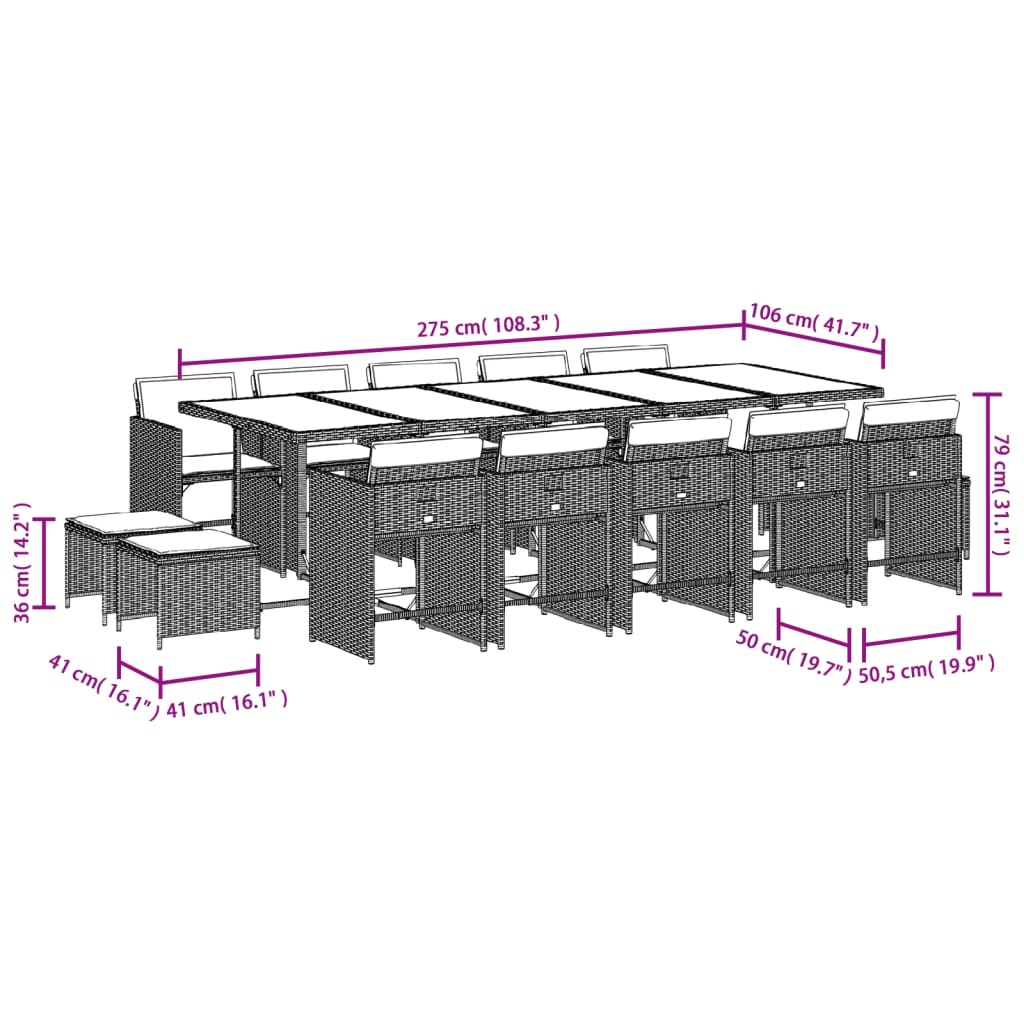 Set da Pranzo da Giardino 15 pz con Cuscini Marrone Polyrattan | homemem39