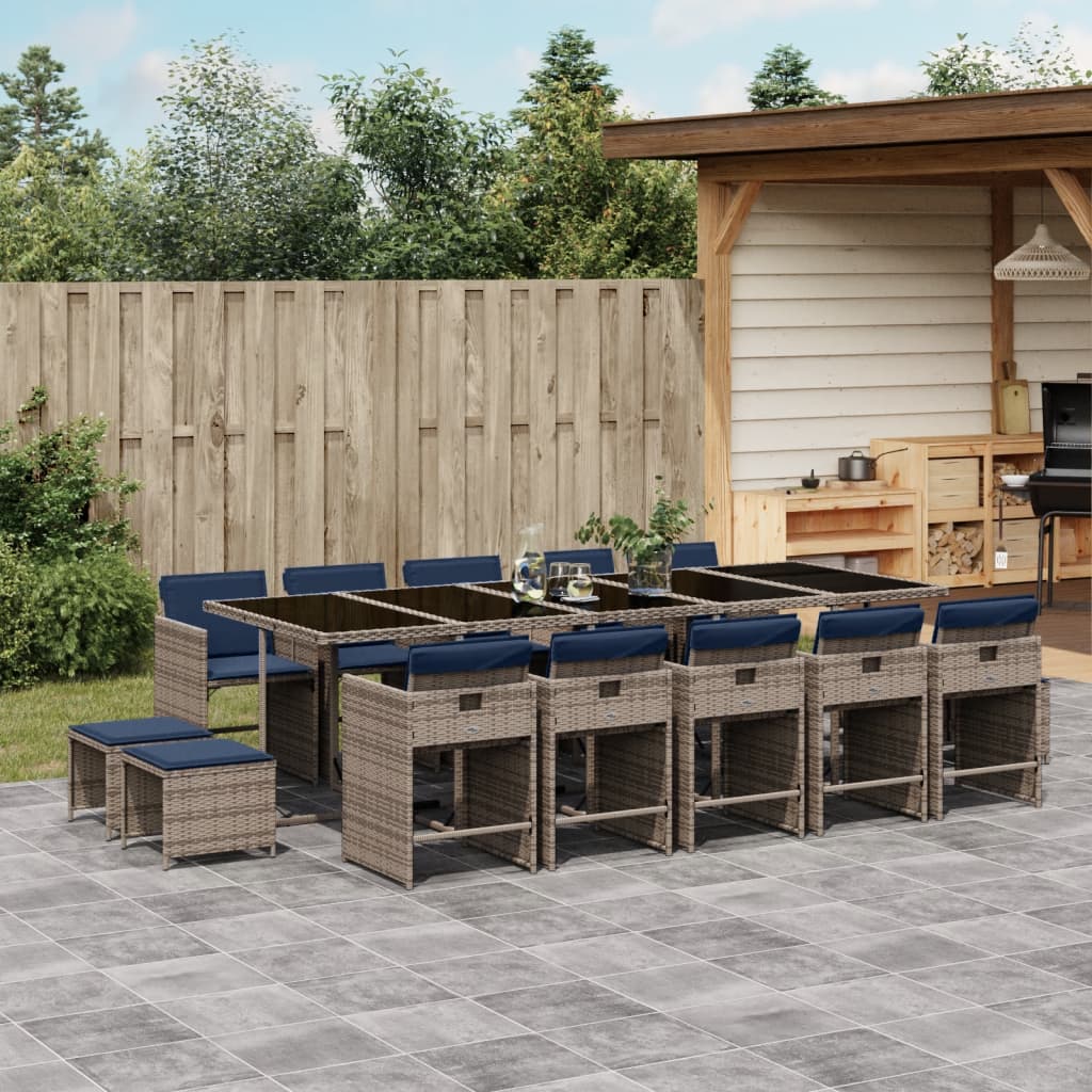 Set da pranzo da giardino da 15 pz con Cuscini in Polyrattan Grigio