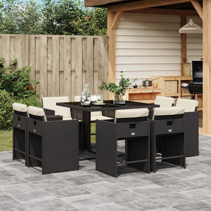 Set da Pranzo da Giardino 9 pz con Cuscini Nero in Polyrattan | homemem39