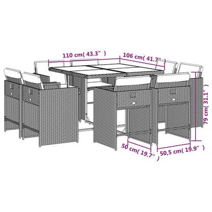 Set da Pranzo da Giardino 9 pz con Cuscini in Polyrattan Grigio