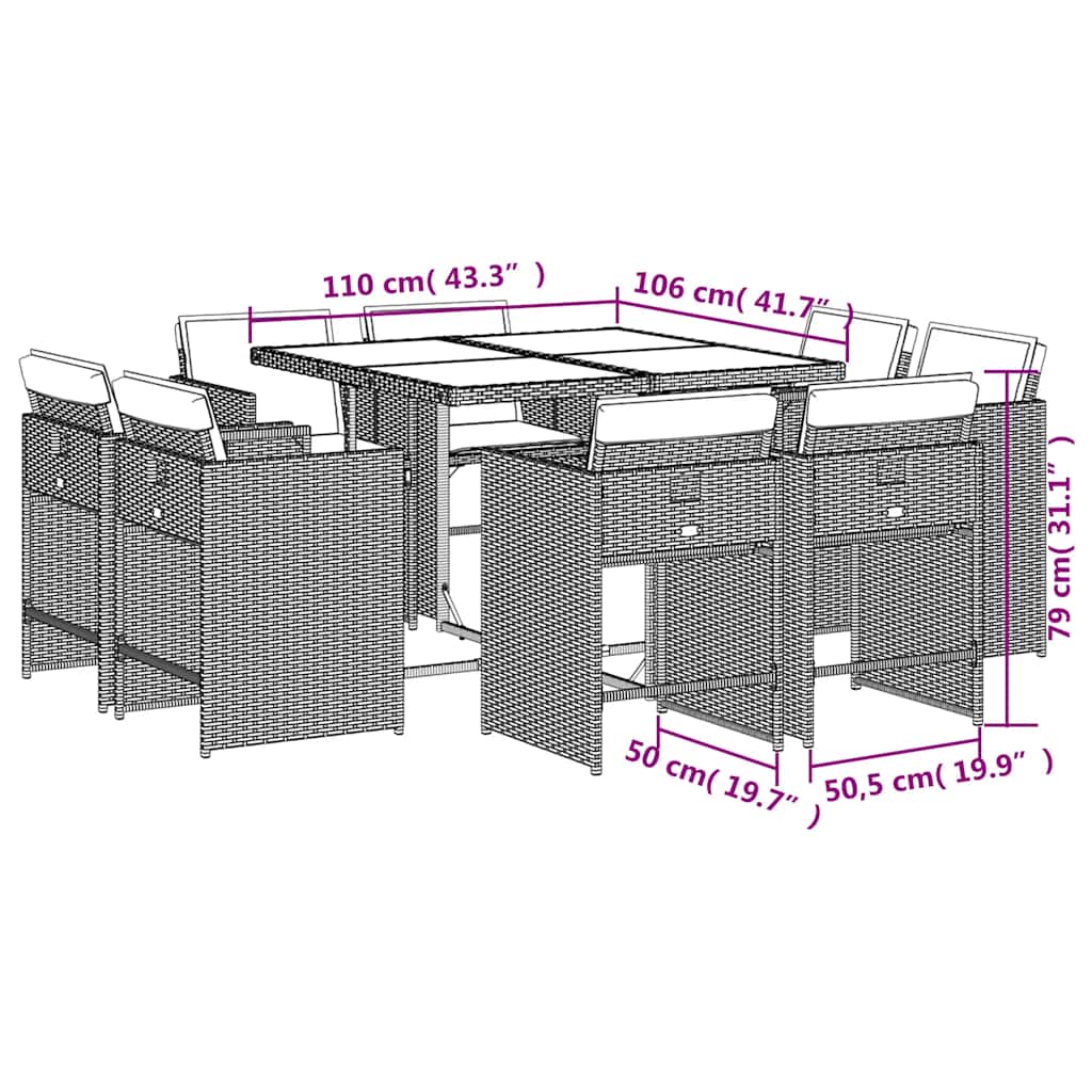 Set da pranzo da giardino da 9 pz con Cuscini in Polyrattan Grigio | homemem39