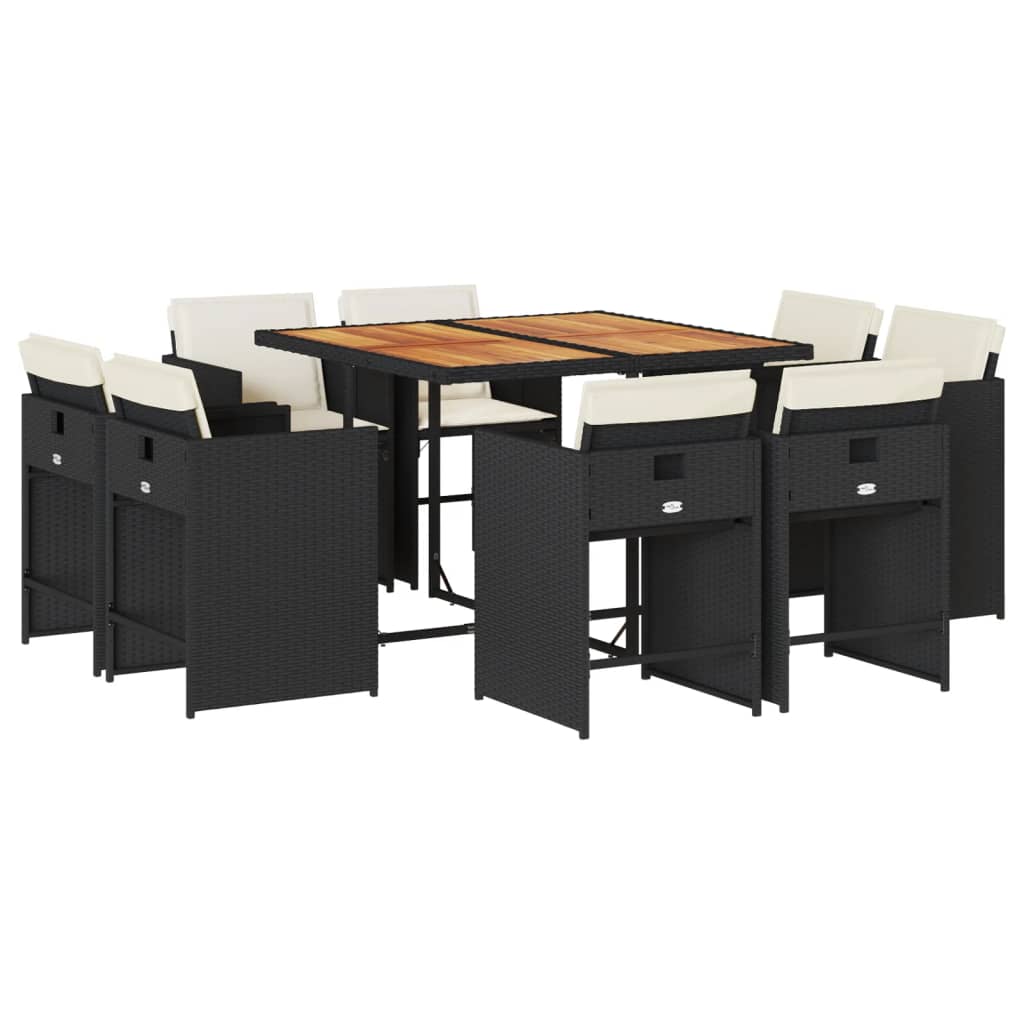 Set da Pranzo da Giardino 9 pz con Cuscini Nero in Polyrattan | homemem39