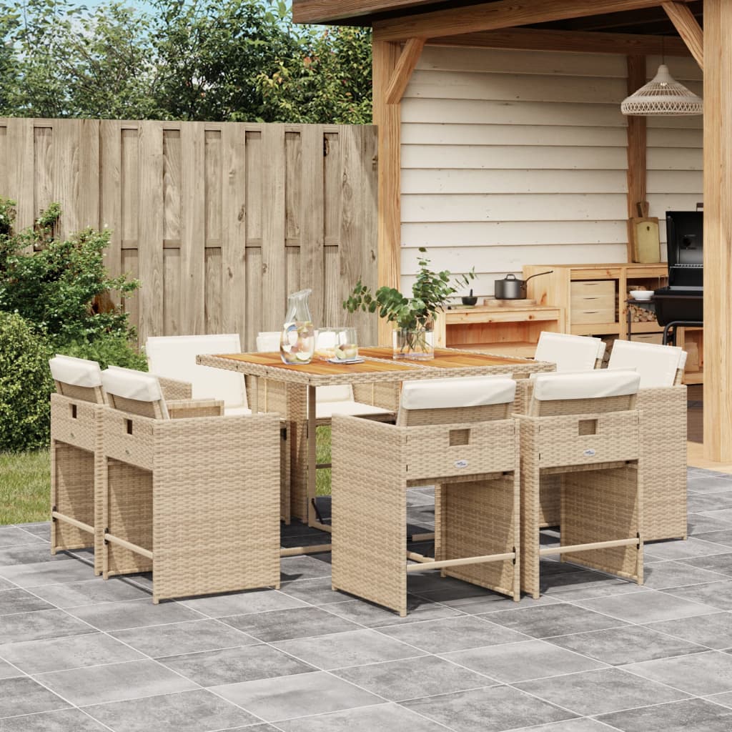 Set da Pranzo da Giardino 9 pz con Cuscini Beige in Polyrattan | homemem39