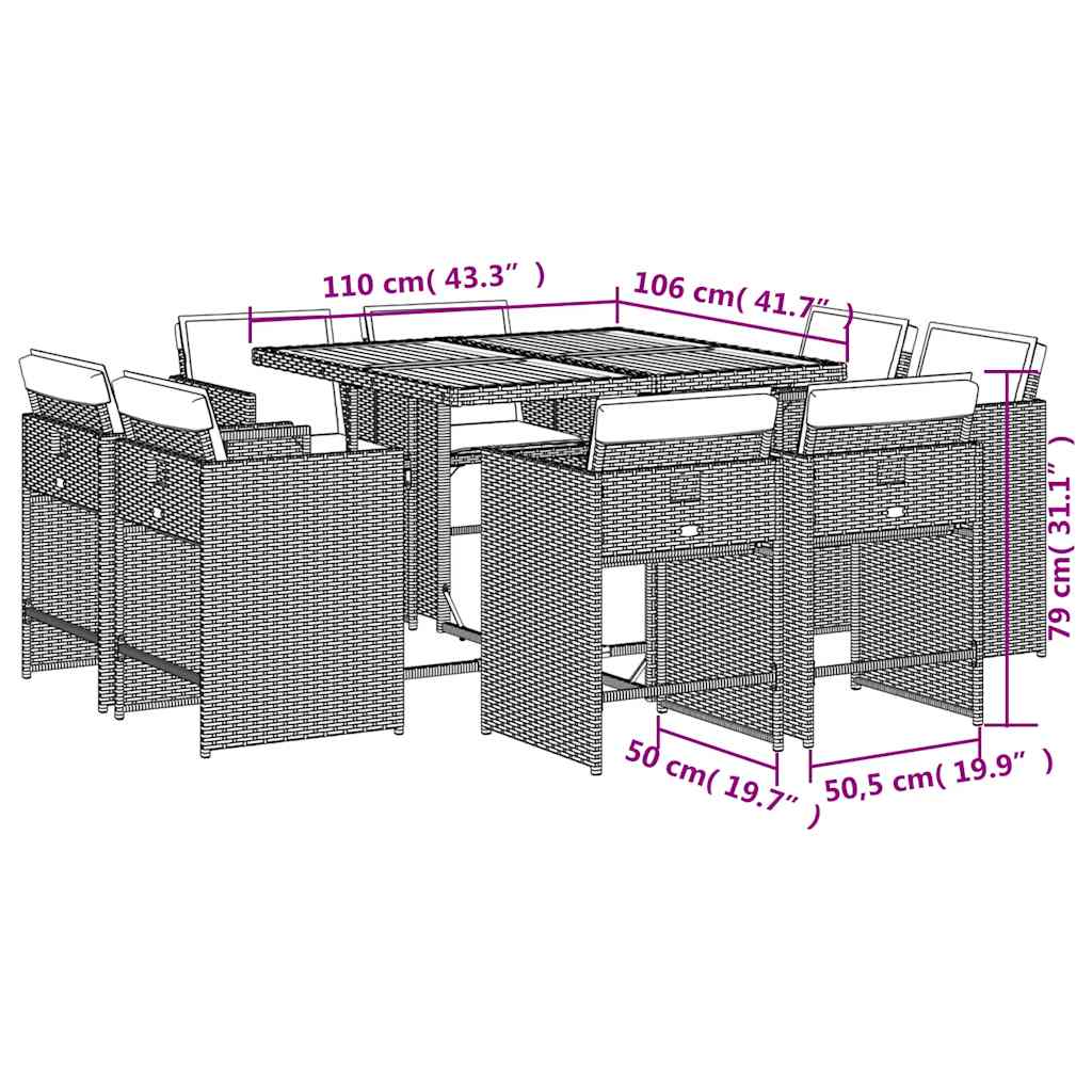Set da pranzo da giardino da 9 pz con Cuscini in Polyrattan Grigio | homemem39