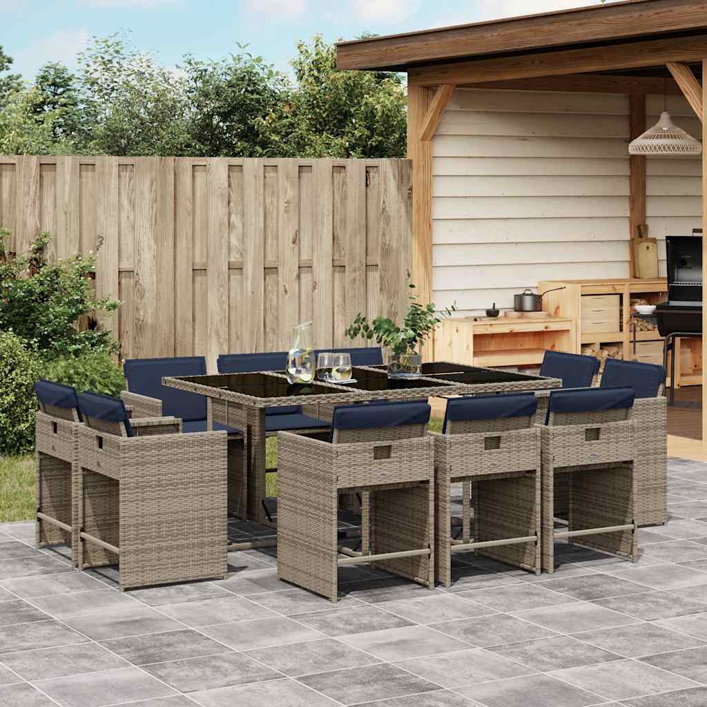 Set da pranzo da giardino da 11 pz con Cuscini in Polyrattan Grigio