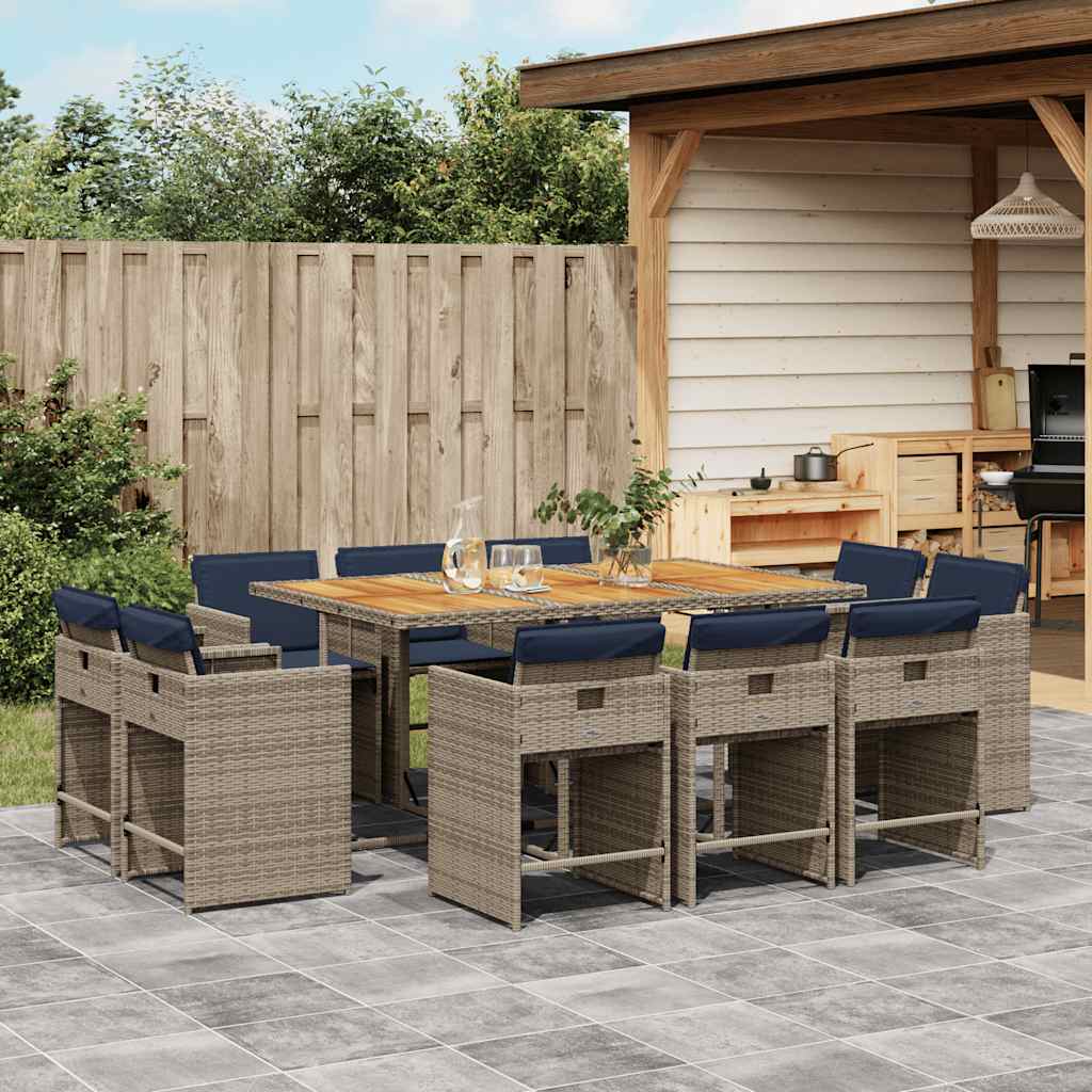 Set da pranzo da giardino da 11 pz con Cuscini in Polyrattan Grigio