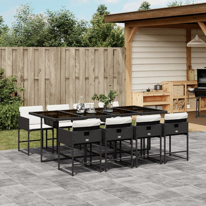 Set da Pranzo da Giardino 9 pz con Cuscini Nero in Polyrattan | homemem39