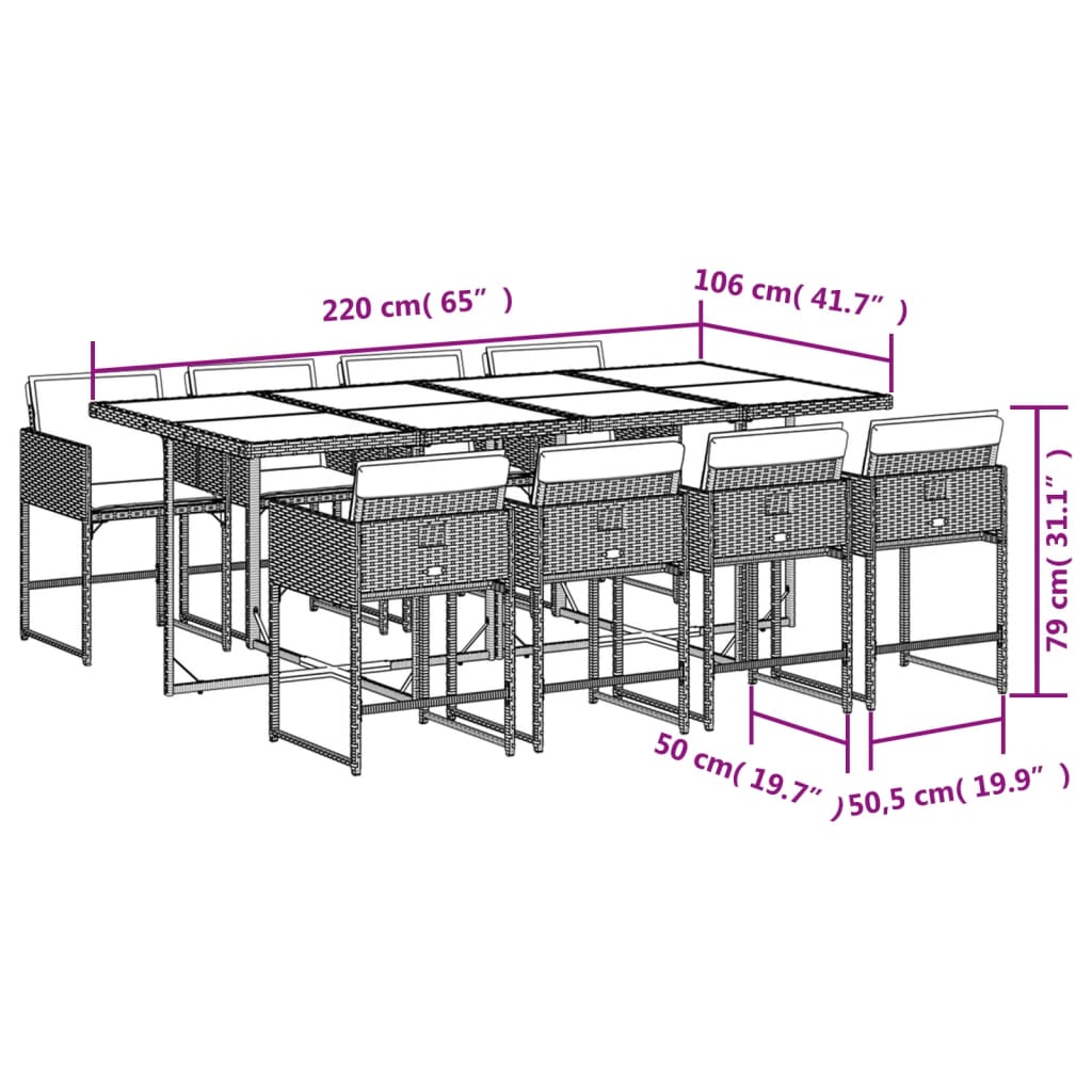 Set Pranzo da Giardino 9pz con Cuscini Grigio Chiaro Polyrattan