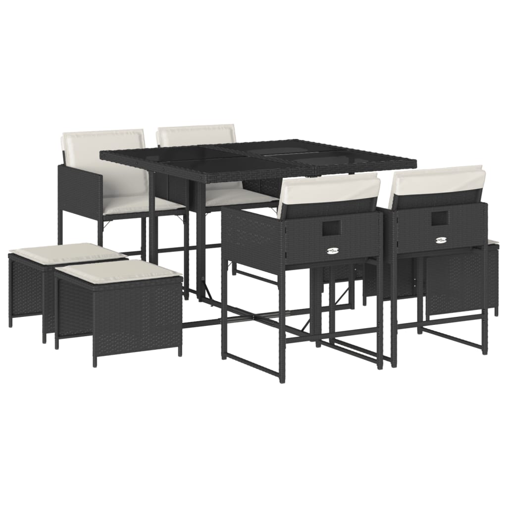 Set da Pranzo da Giardino 9 pz con Cuscini Nero in Polyrattan | homemem39