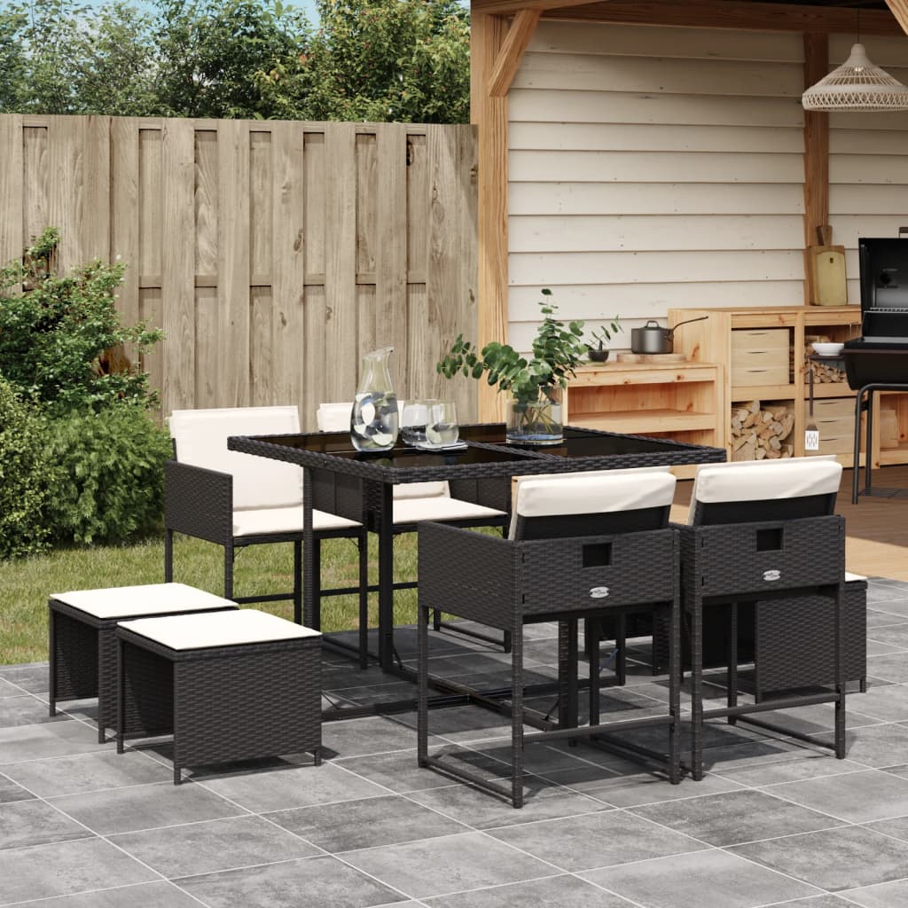 Set da Pranzo da Giardino 9 pz con Cuscini Nero in Polyrattan | homemem39