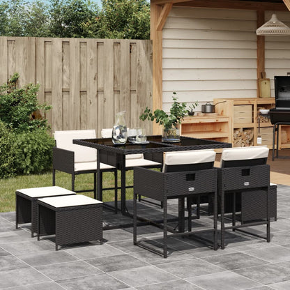Set da Pranzo da Giardino 9 pz con Cuscini Nero in Polyrattan - homemem39