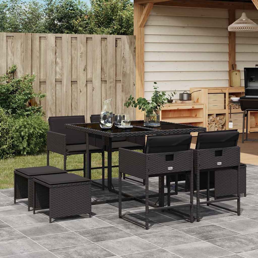 Set da Pranzo da Giardino 9 pz con Cuscini Nero in Polyrattan | homemem39