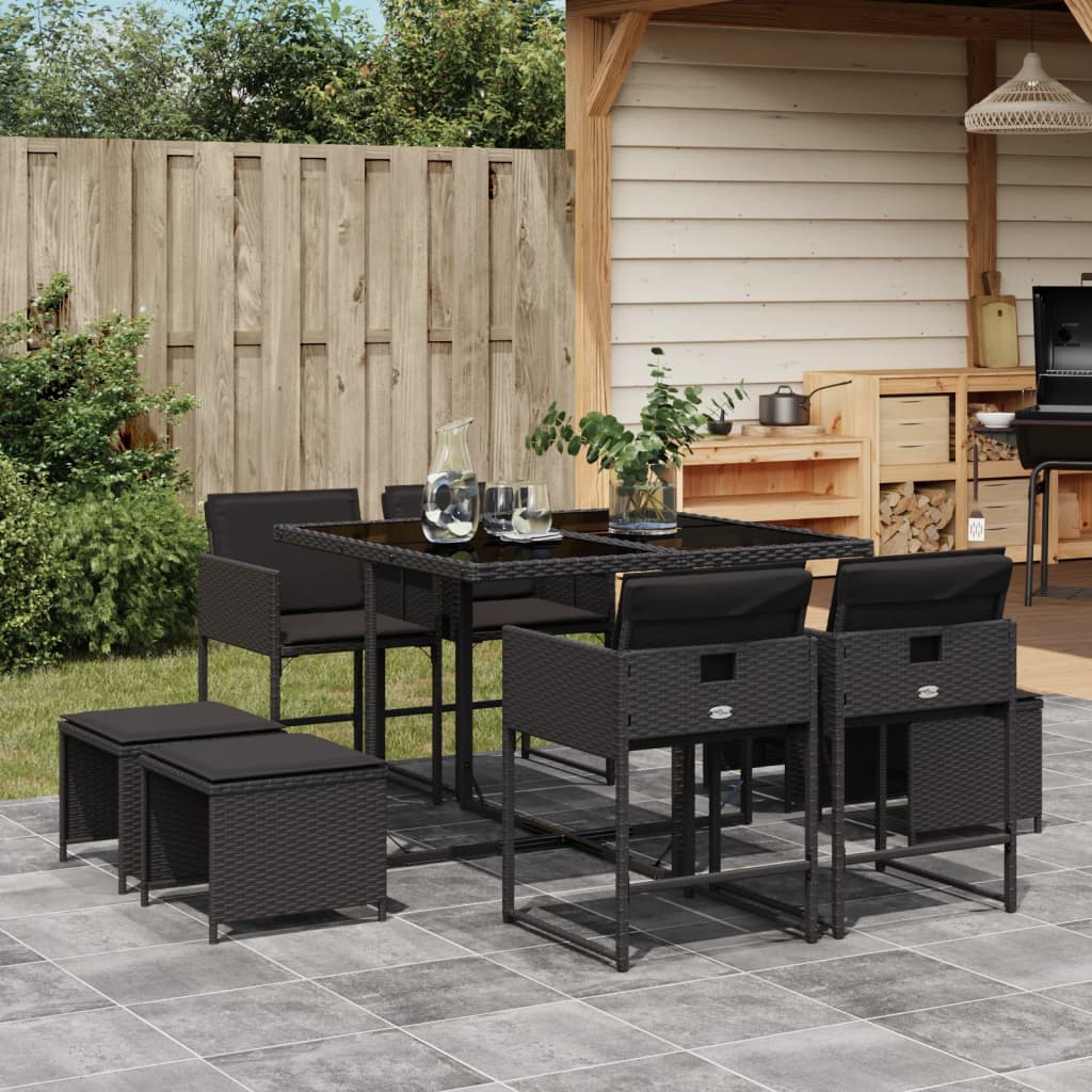 Set da Pranzo da Giardino 9 pz con Cuscini Nero in Polyrattan - homemem39