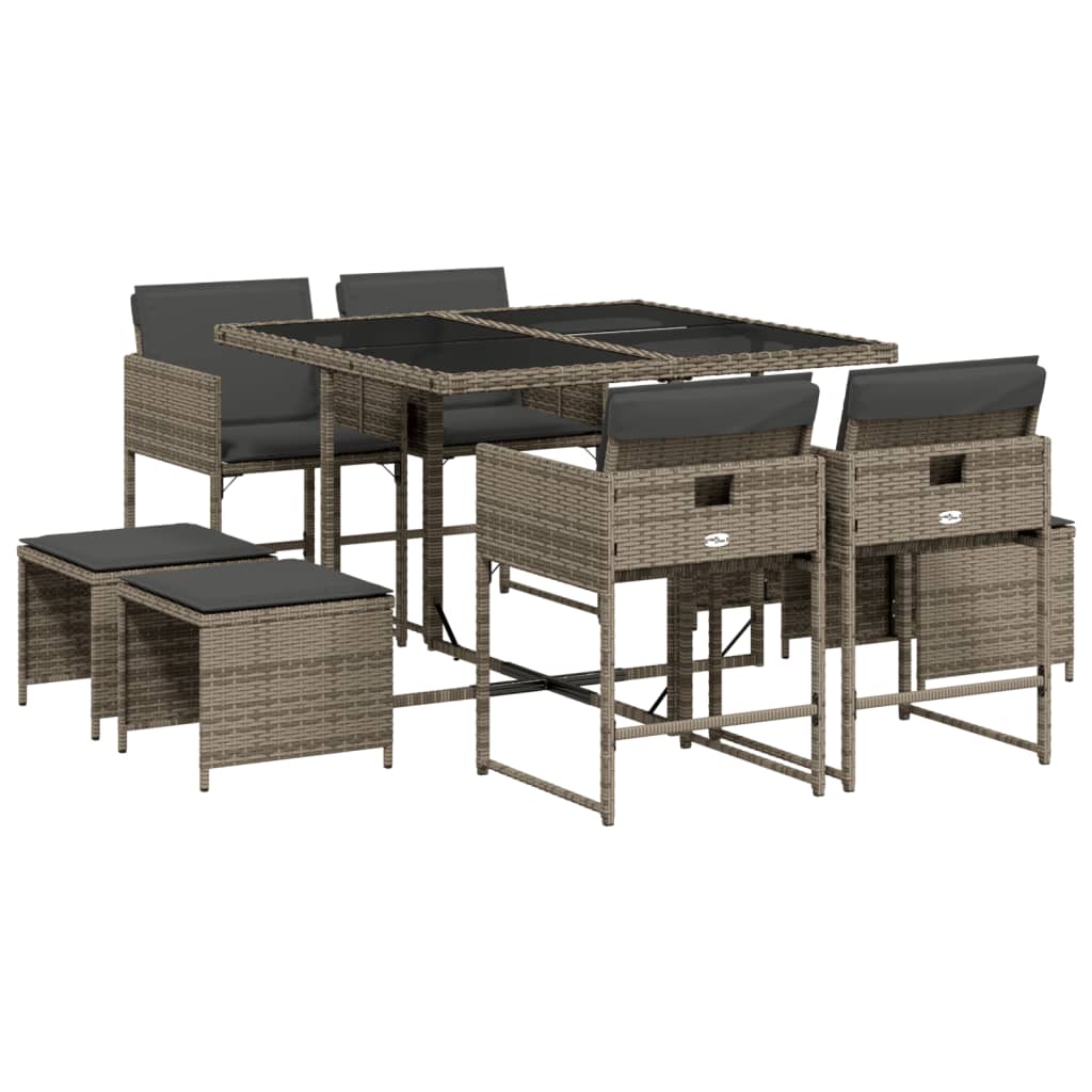 Set da Pranzo da Giardino 9 pz con Cuscini in Polyrattan Grigio - homemem39