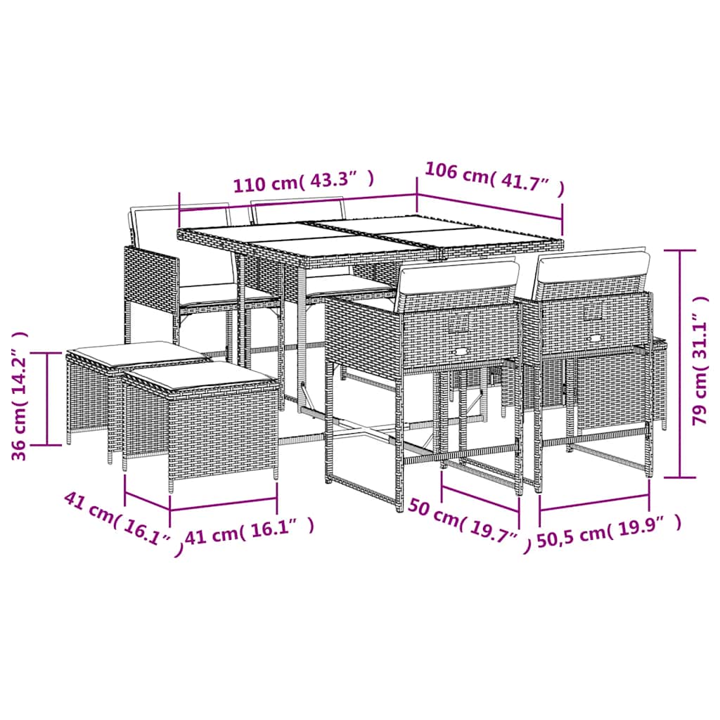 Set da Pranzo da Giardino 9 pz con Cuscini in Polyrattan Grigio | homemem39