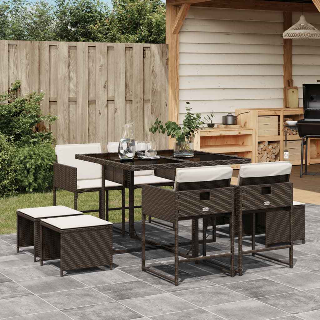 Set da Pranzo da Giardino 9pz con Cuscini Marrone in Polyrattan - homemem39