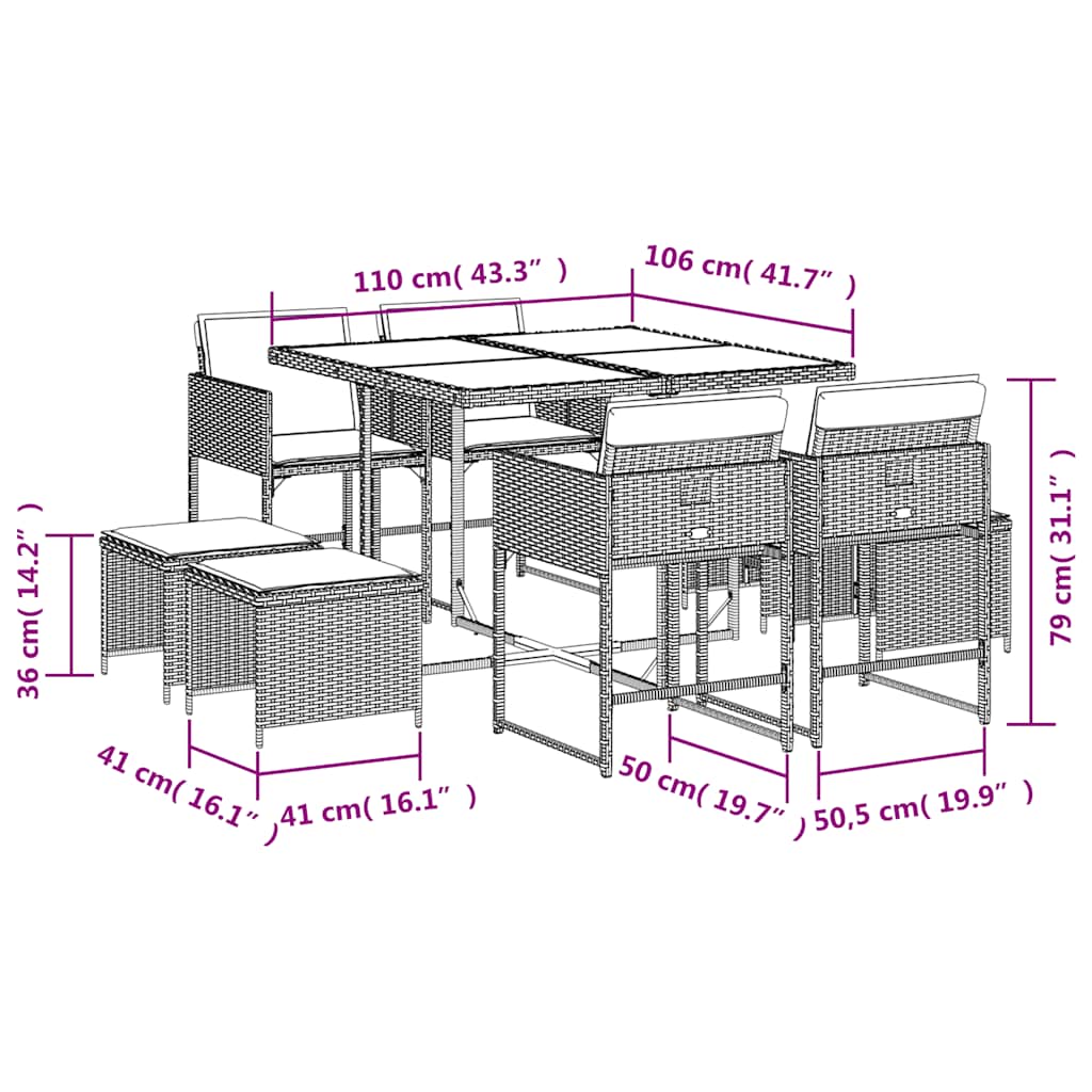 Set da Pranzo da Giardino 9 pz con Cuscini in Polyrattan Grigio | homemem39