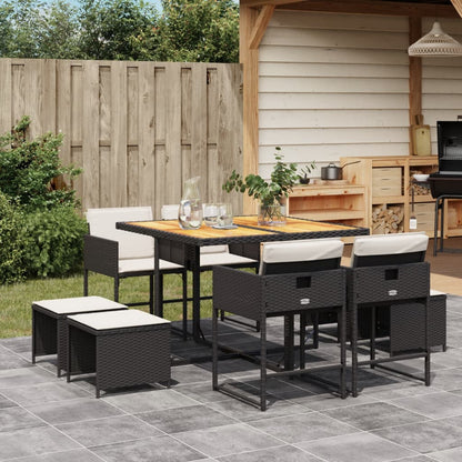 Set da Pranzo da Giardino 9 pz con Cuscini Nero in Polyrattan - homemem39