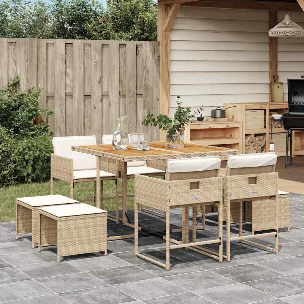 Set da Pranzo da Giardino 9 pz con Cuscini Beige in Polyrattan | homemem39