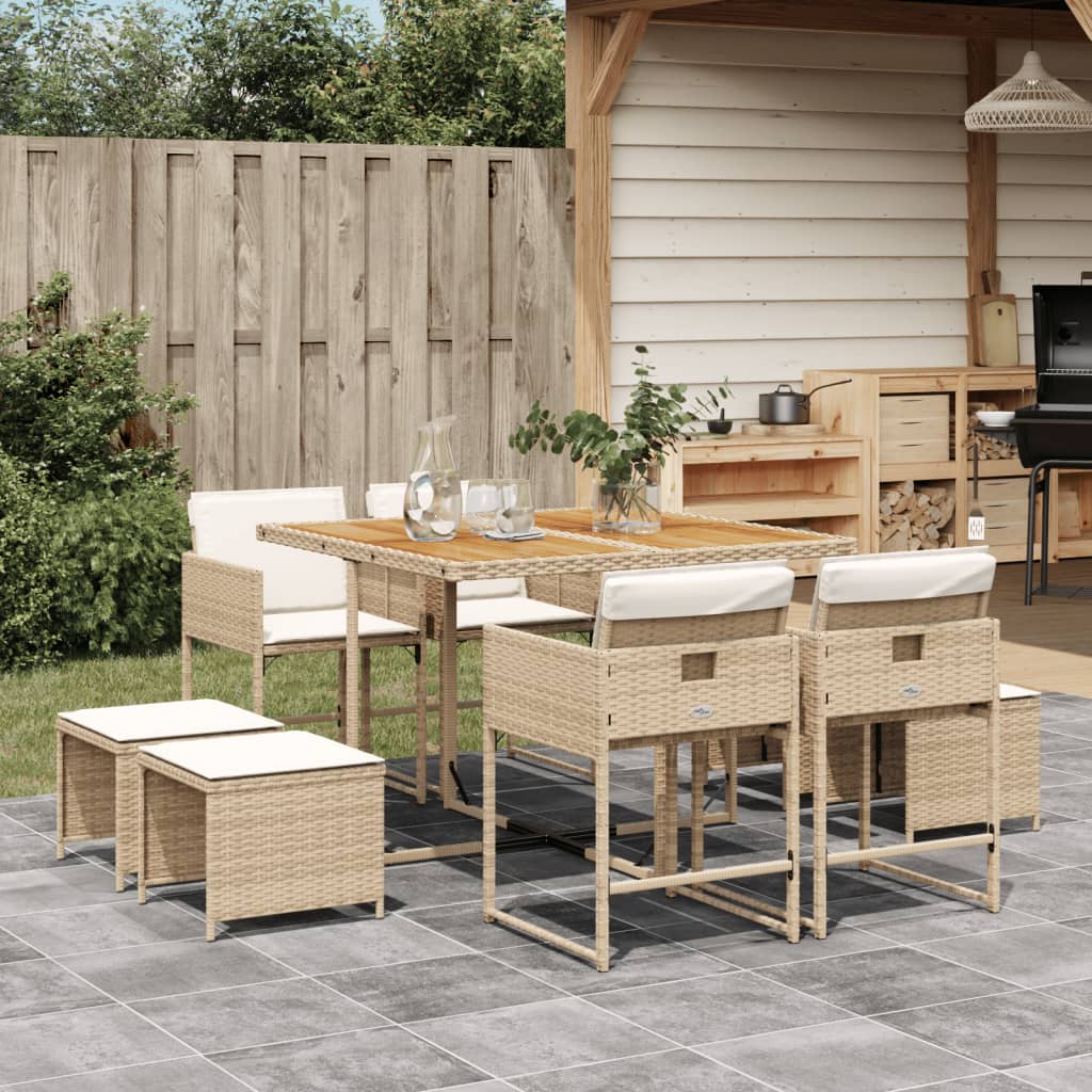 Set da Pranzo da Giardino 9 pz con Cuscini Beige in Polyrattan - homemem39