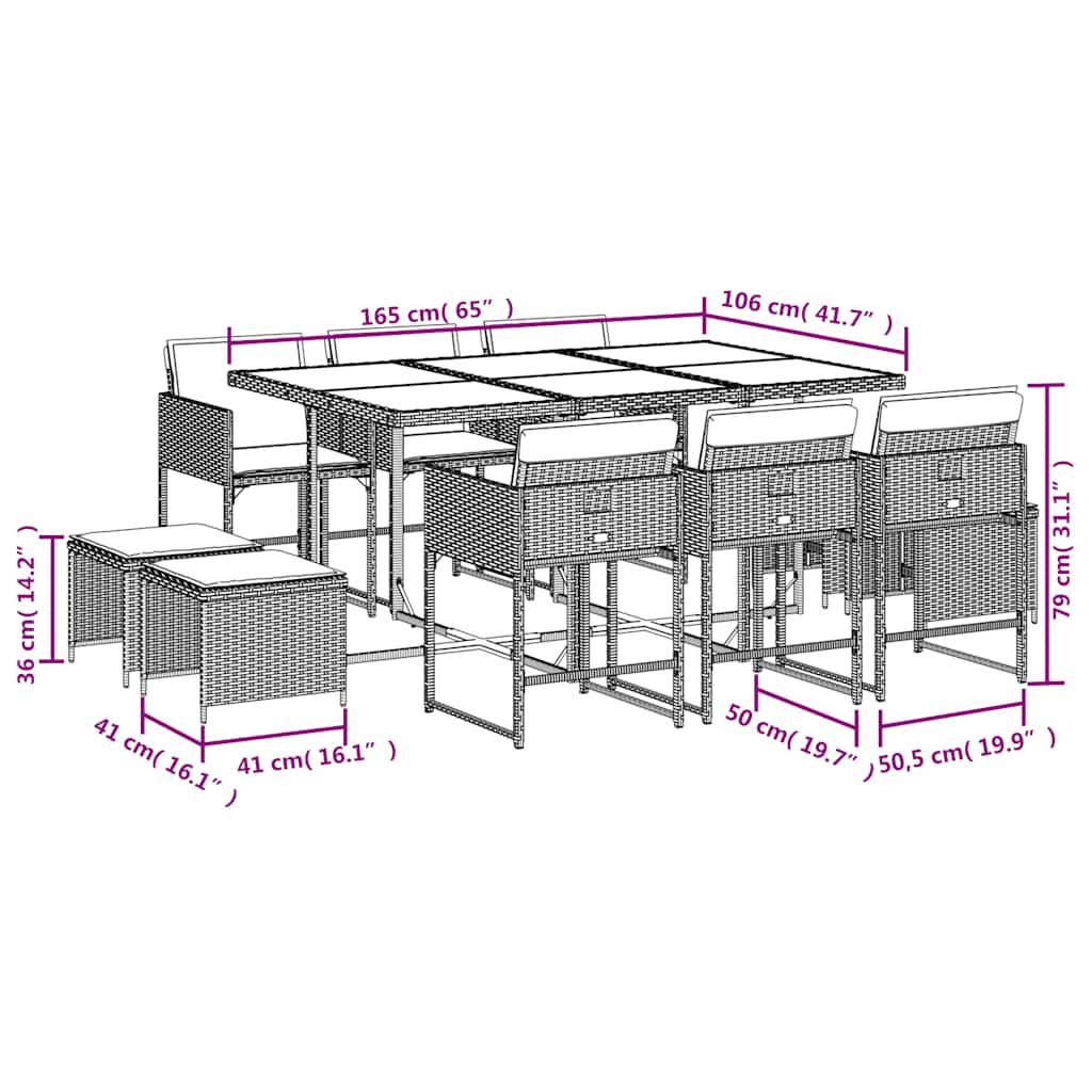 Set da Pranzo da Giardino 11pz con Cuscini in Polyrattan Grigio | homemem39