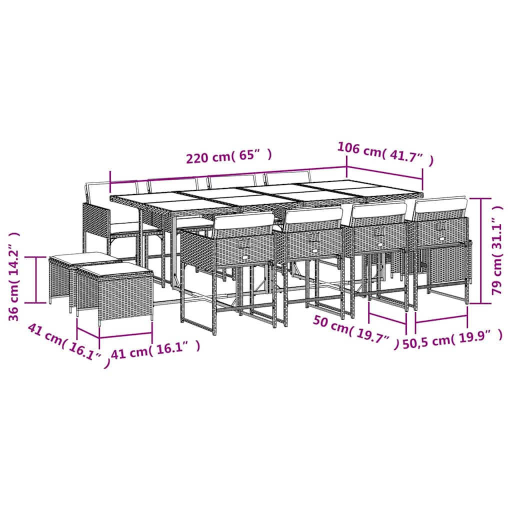 Set da Pranzo da Giardino 13pz con Cuscini Nero in Polyrattan | homemem39