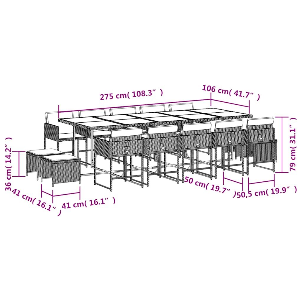 Set da Pranzo da Giardino 15 pz con Cuscini Marrone Polyrattan | homemem39