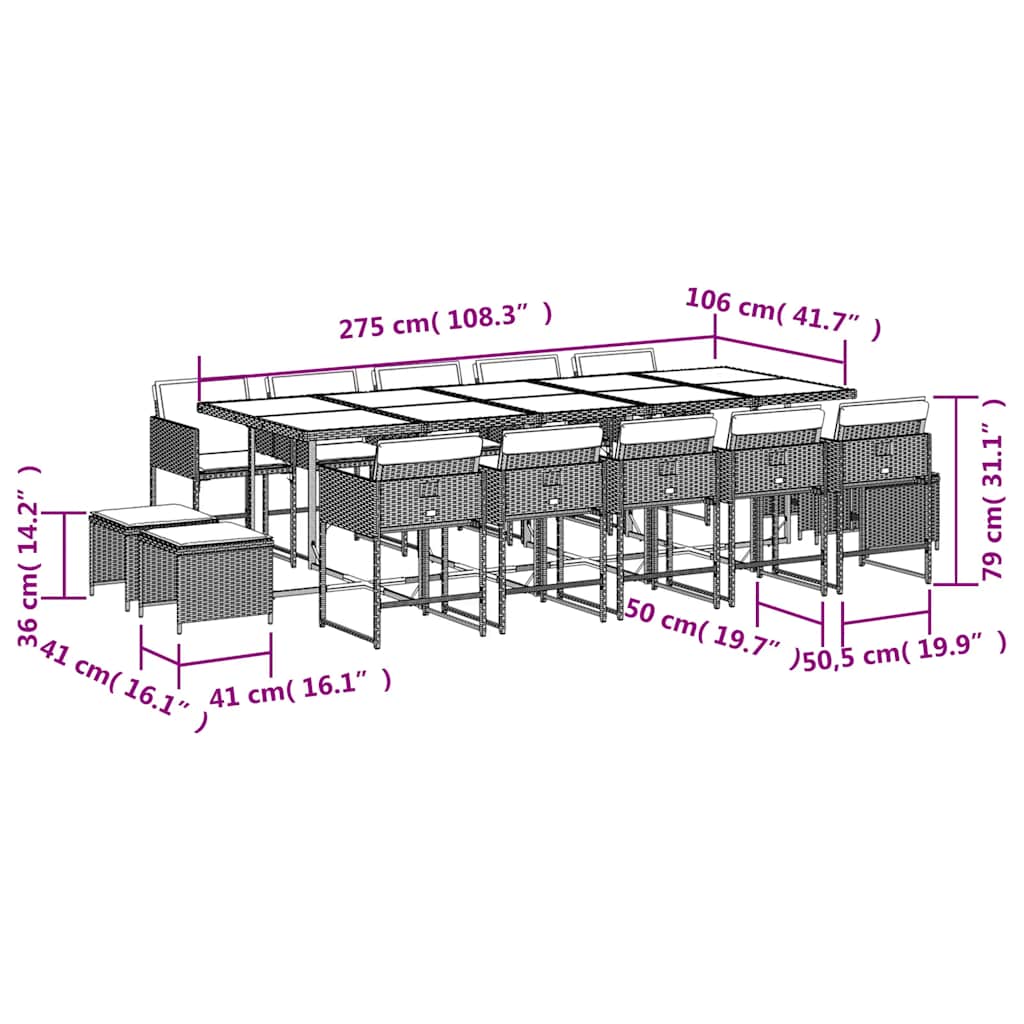 Set da Pranzo da Giardino 15 pz con Cuscini Beige in Polyrattan | homemem39