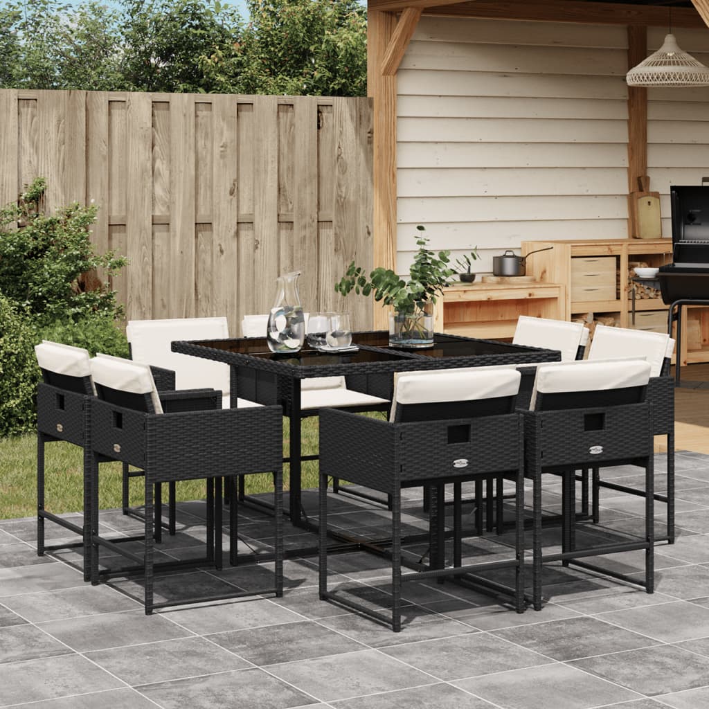 Set da Pranzo da Giardino 9 pz con Cuscini Nero in Polyrattan - homemem39
