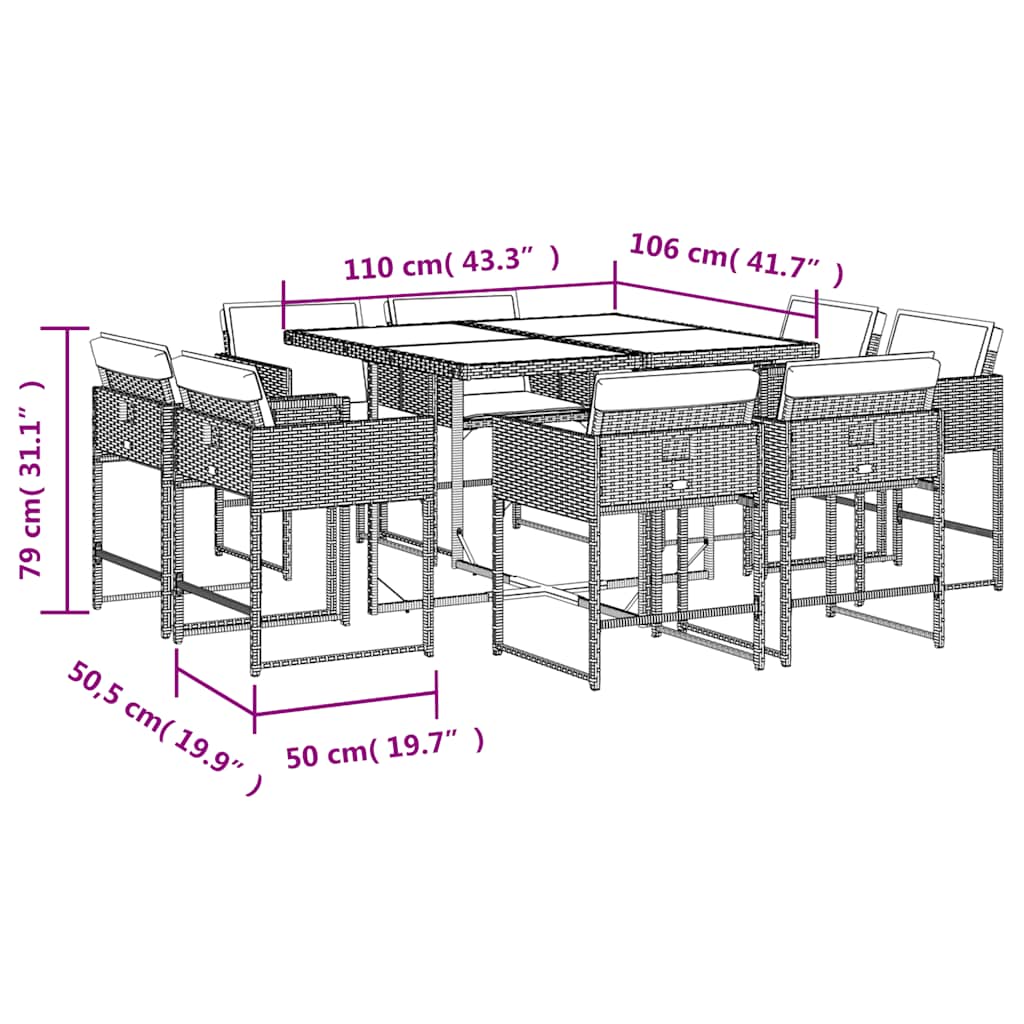 Set da Pranzo da Giardino 9 pz con Cuscini Nero in Polyrattan | homemem39