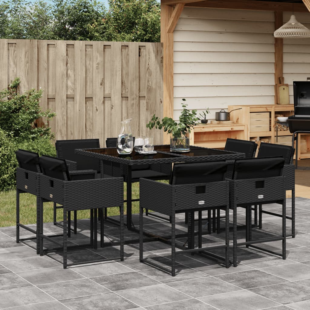 Set da Pranzo da Giardino 9 pz con Cuscini Nero in Polyrattan - homemem39