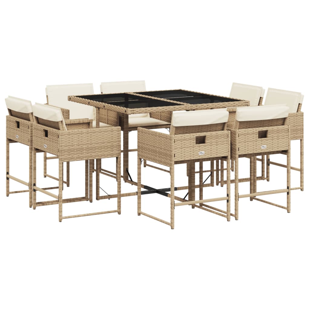 Set da Pranzo da Giardino 9 pz con Cuscini Beige in Polyrattan - homemem39