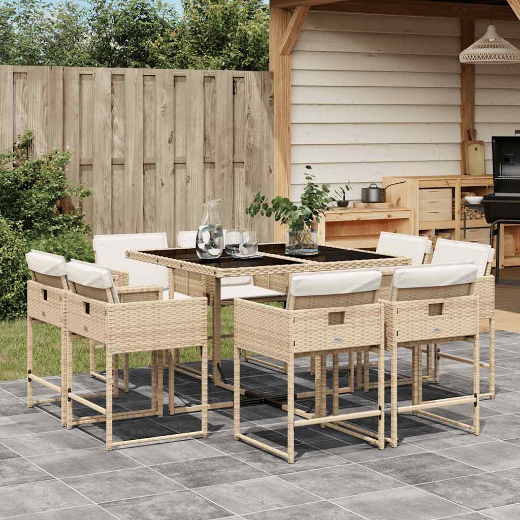 Set da Pranzo da Giardino 9 pz con Cuscini Beige in Polyrattan | homemem39